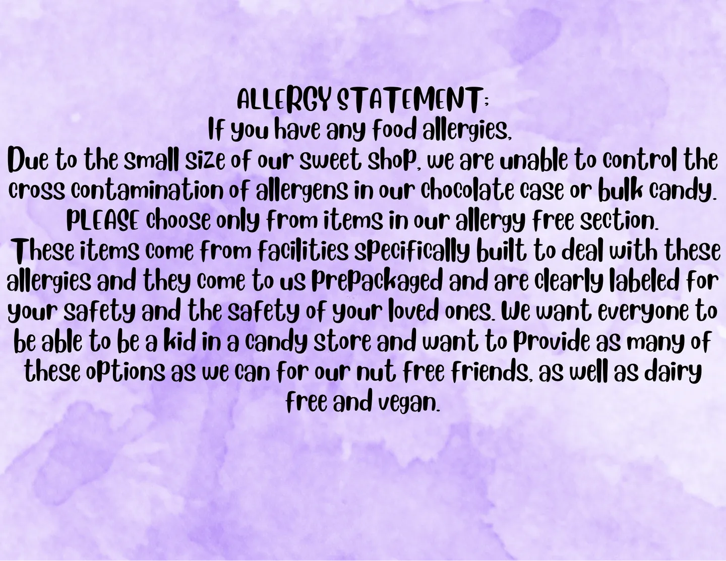 A food allergy warning notice with purple watercolor background.