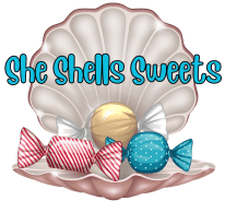 Illustration of three candies inside an open seashell, with the text "She Shells Sweets" above.