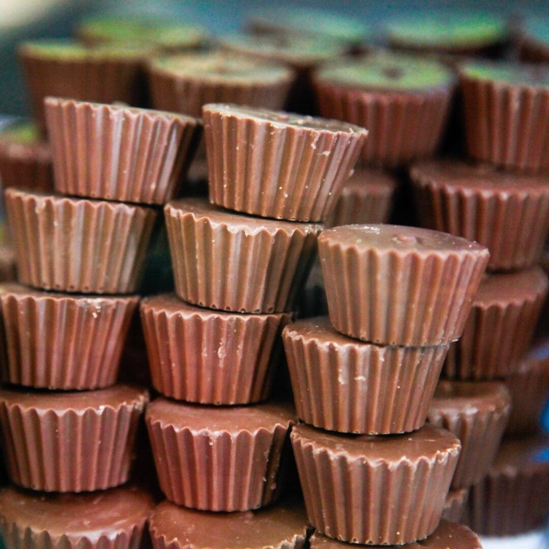 A stack of chocolate peanut butter cups.