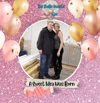 A couple standing in front of balloons and pink background.