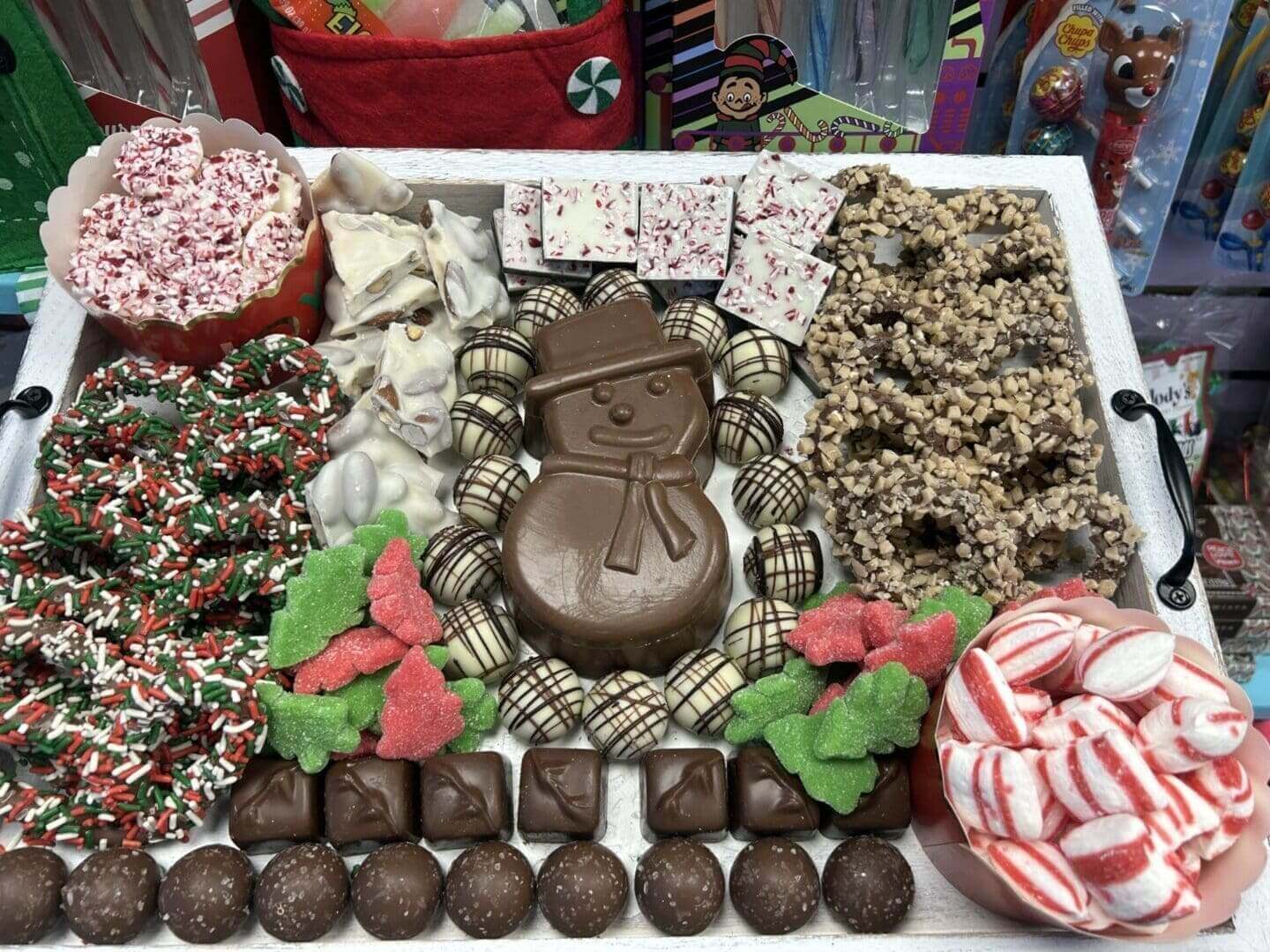 A tray of candy is shown with a snowman.