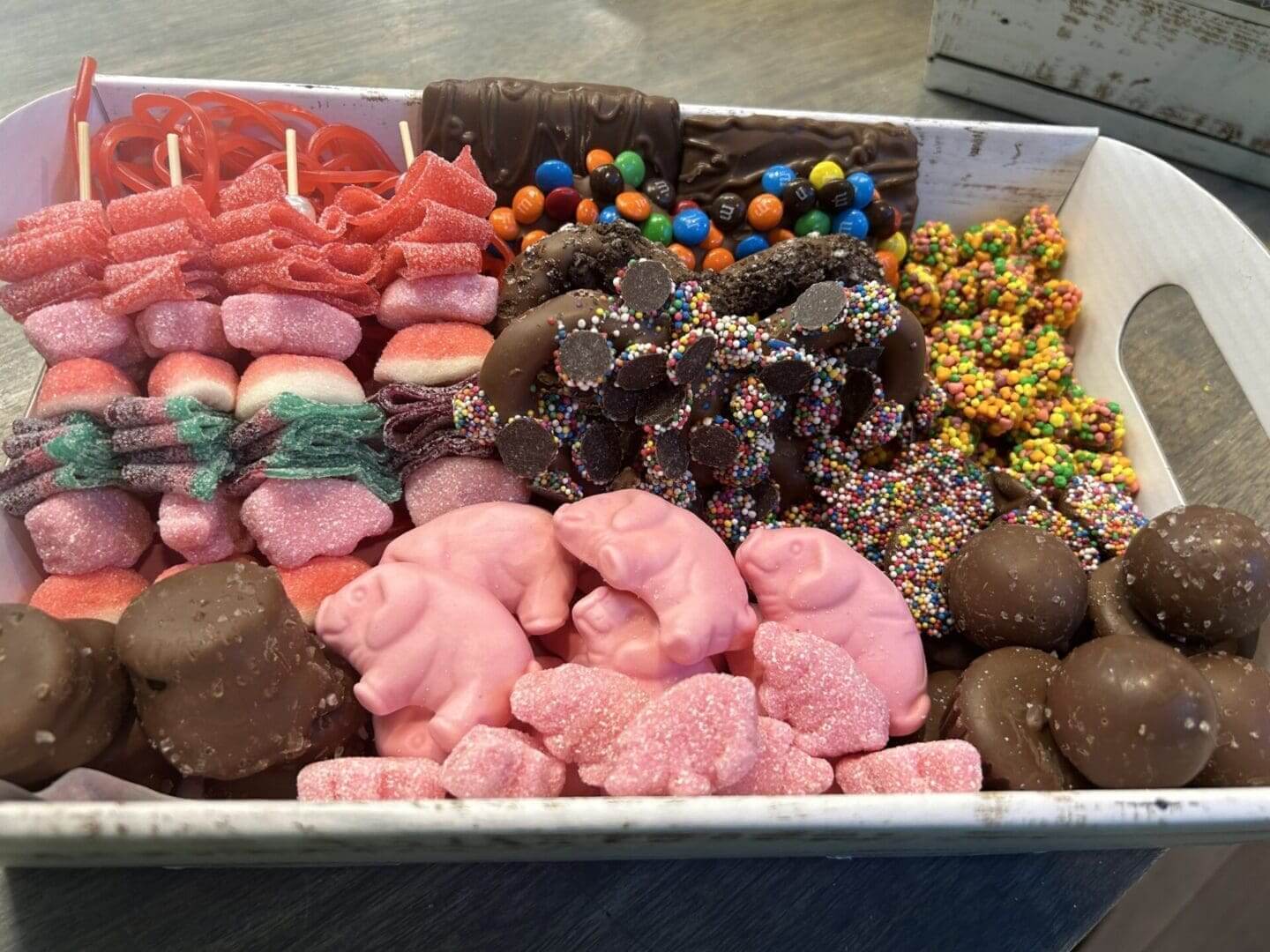 A box of candy is shown with different types.
