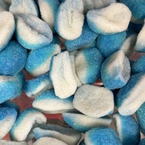 Colorful blue and white soft foam pieces clustered together.