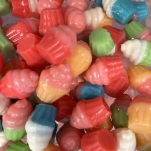 Colorful gummy candies shaped like ice cream cones.