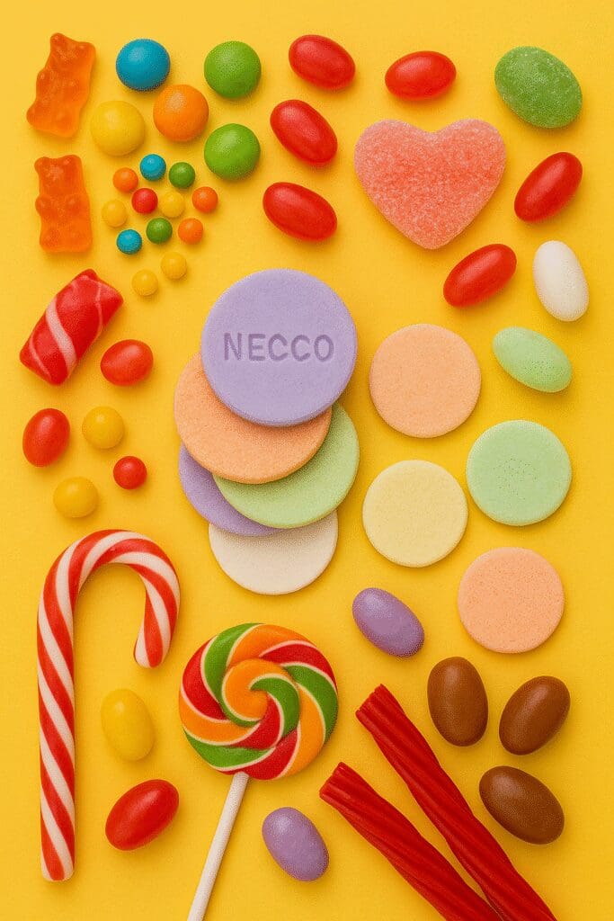 Colorful assorted candies and sweets arranged on a pink background.