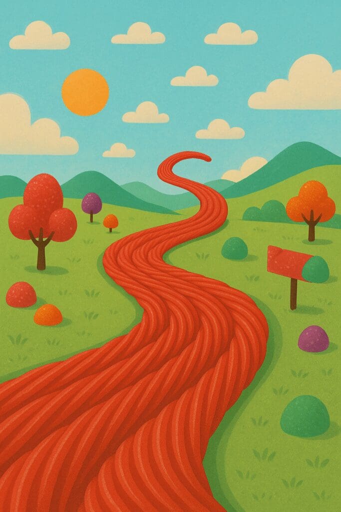 A winding red path leads through a colorful autumn landscape with trees and hills.
