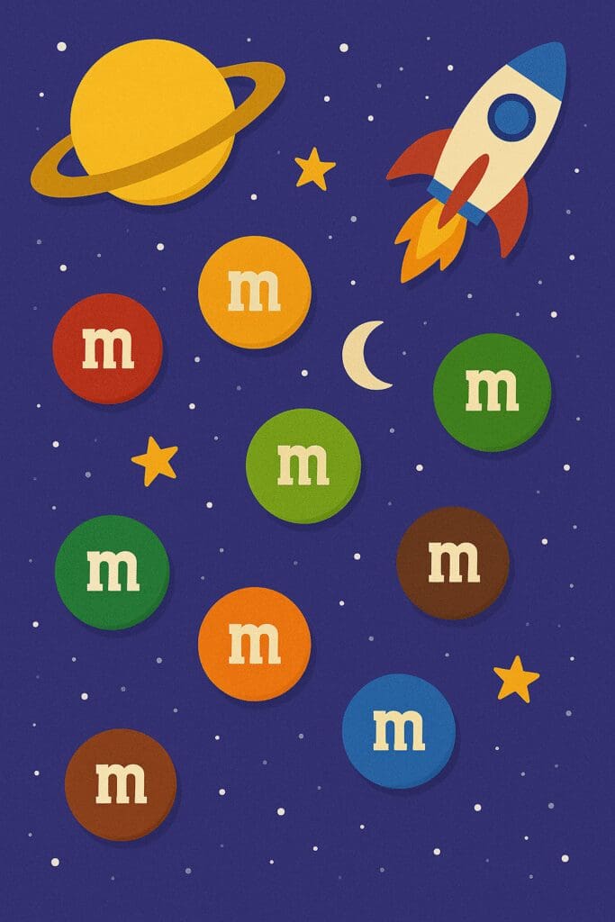 Colorful M&M's with space-themed background featuring planets, stars, and a rocket.