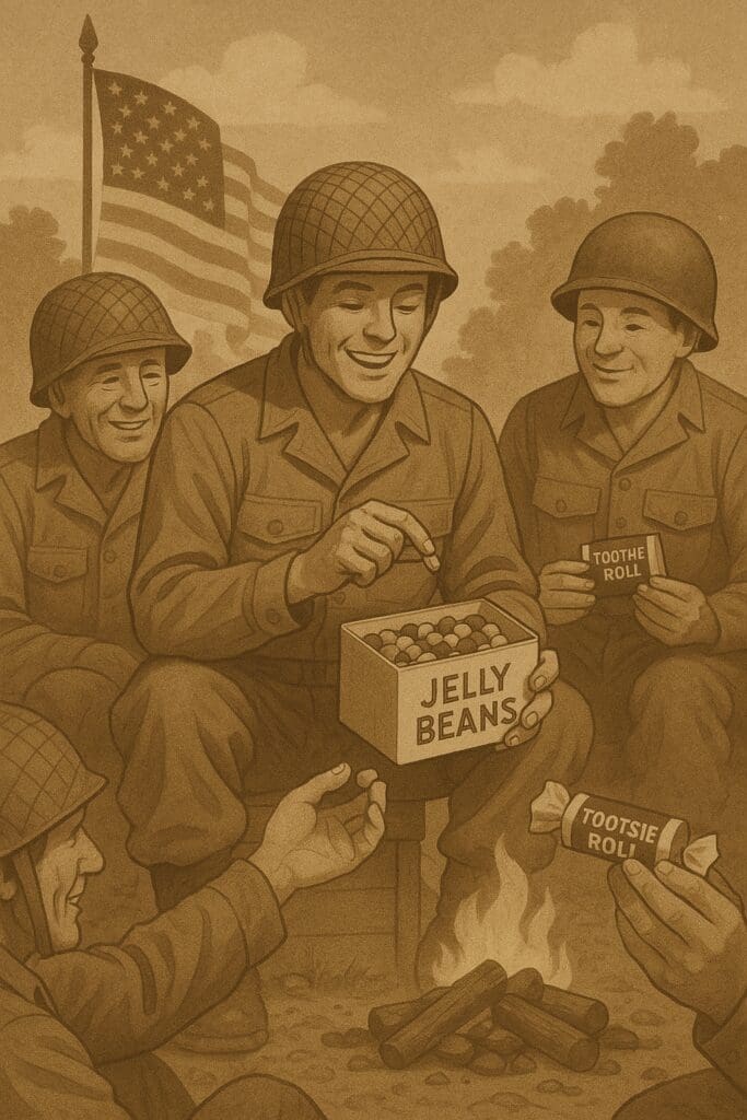 Three soldiers in helmets sharing jelly beans during a break.