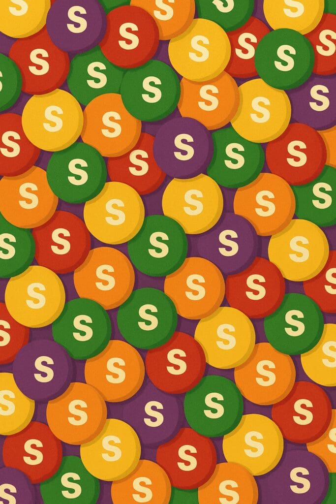 Colorful round tokens with dollar signs scattered randomly.