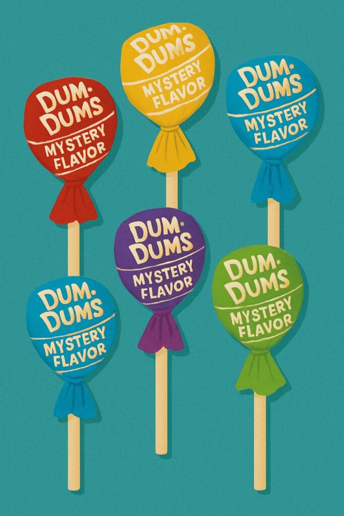 Colorful Dum Dums lollipops with mystery flavors on a teal background.