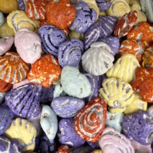 Colorful seashell-shaped candies in various vibrant hues.