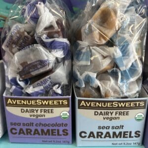Two packs of caramel seasalt candies from AvenueSweets, one dairy-free and one with chocolate.