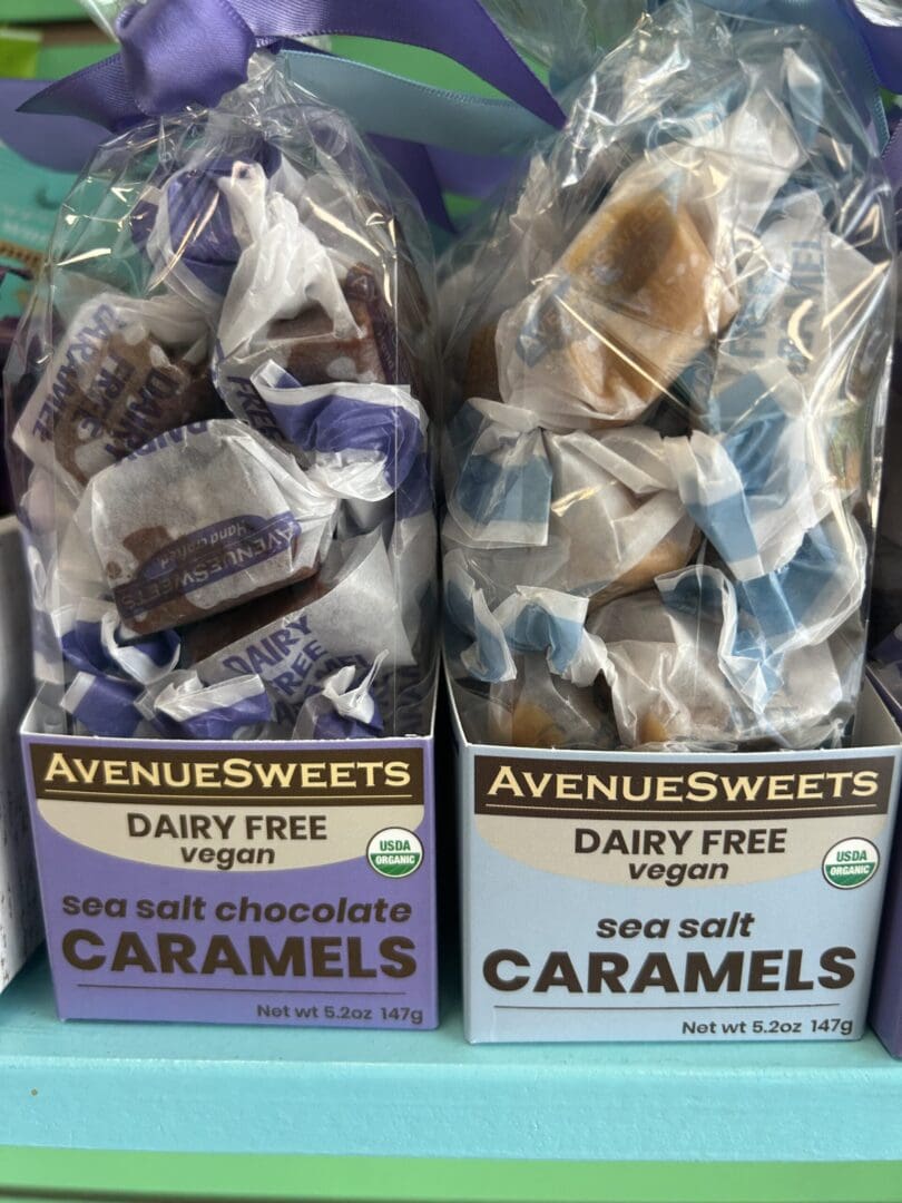 Two packs of caramel seasalt candies from AvenueSweets, one dairy-free and one with chocolate.