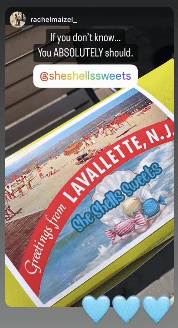 Postcard from Lavallette, New Jersey, featuring a beach scene and seashells.
