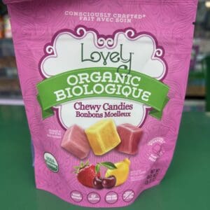 Package of organic chewy candy with strawberry and fruit flavors.