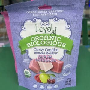 A bag of Lovely Organic chewy candies with mixed fruit flavors.
