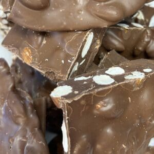 Close-up of chocolate bars with almonds inside.