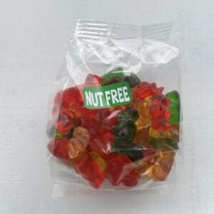 Bag of colorful, nut-free gummy bears.