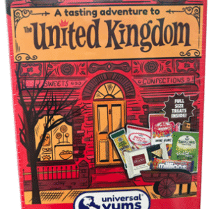 A colorful tasting adventure guide to the United Kingdom with iconic landmarks and food items.