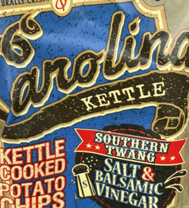 Bag of Carolina Kettle Cooked Potato Chips in Southern Vinegar and Salt & Balsamic Glaze flavor.