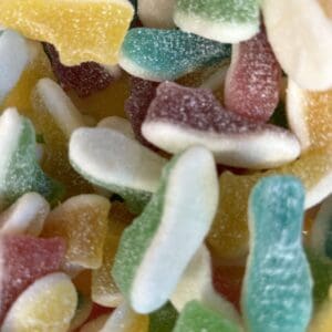 Colorful gummy candies in various shapes and flavors.