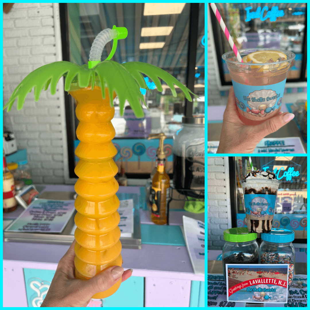 A refreshing tropical drink served in a palm tree-shaped cup with a straw.