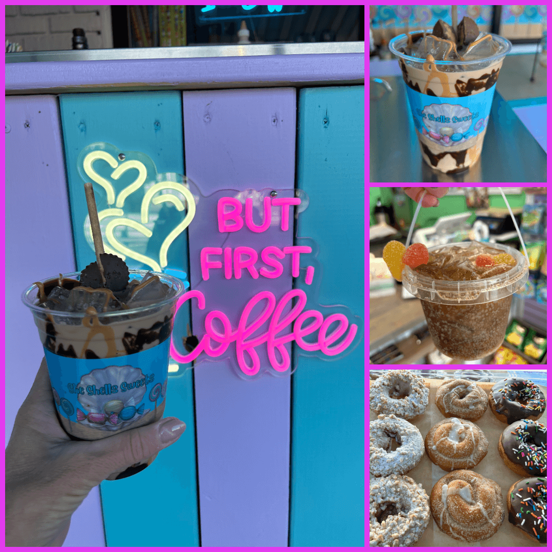 Iced coffee with donuts and a neon coffee sign background.