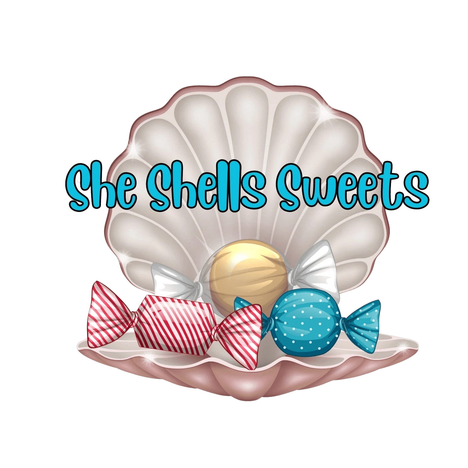 Illustration of a pearl shell open to reveal various striped and polka-dotted candies. Text above reads, "She Shells Sweets.